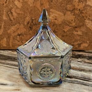 Vintage Iridescent Carnival Glass Trinket Box Candy Dish
